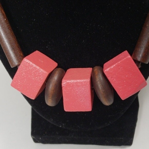 Pink Wooden Blocks, Brown Tubes & Beads Long Necklace with Matching Earrings - Picture 7 of 8